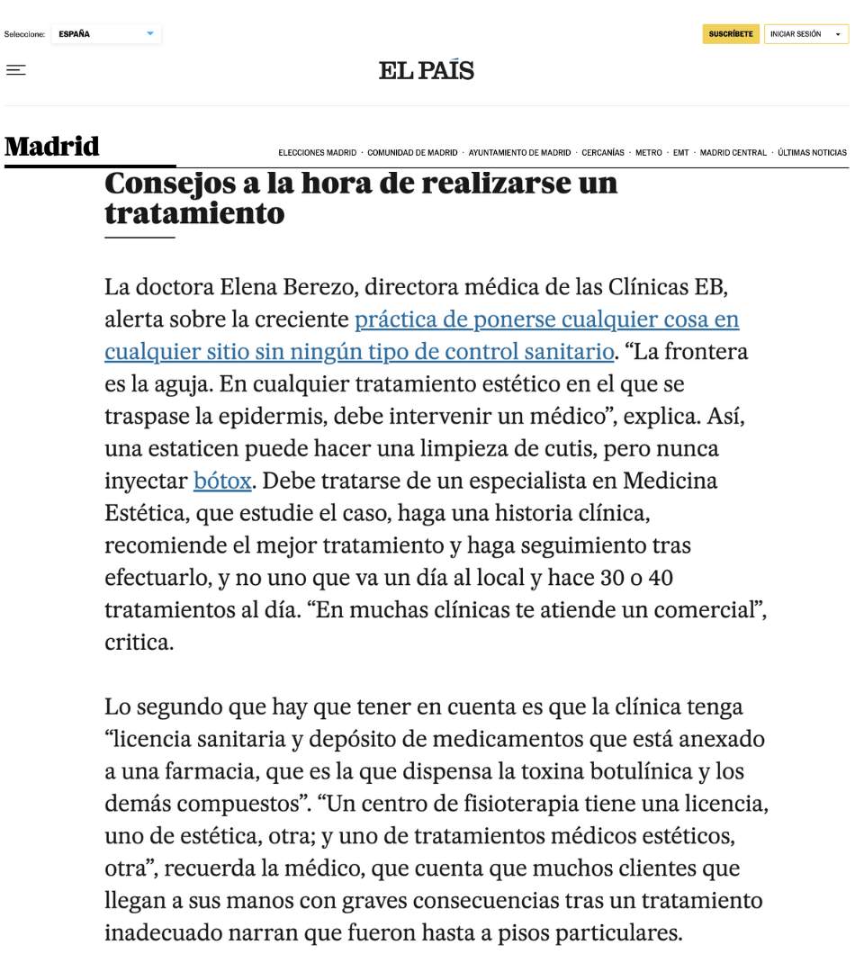 La clínica de medicina estética de la dra Elena Berezo es Noticia en el periodico del Pais