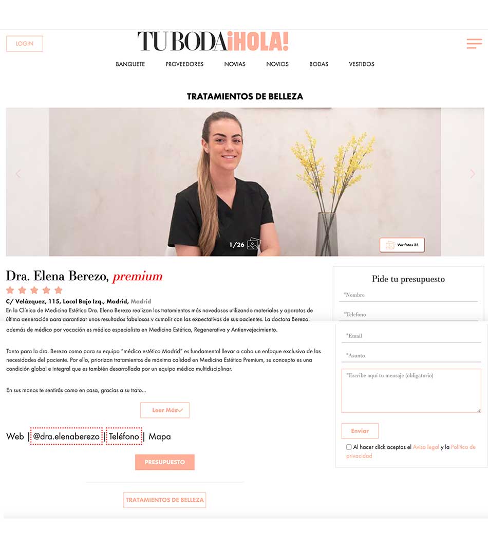 Clínica medicina estética EB en la revista Hola Boda